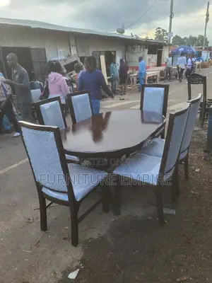 6 Seater Rectangular Dining Set Dark Wood Blue Upholstery