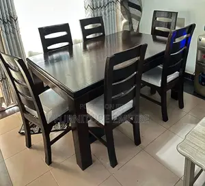 6 Seater Rectangular Dining Set Dark Wood White Cushions