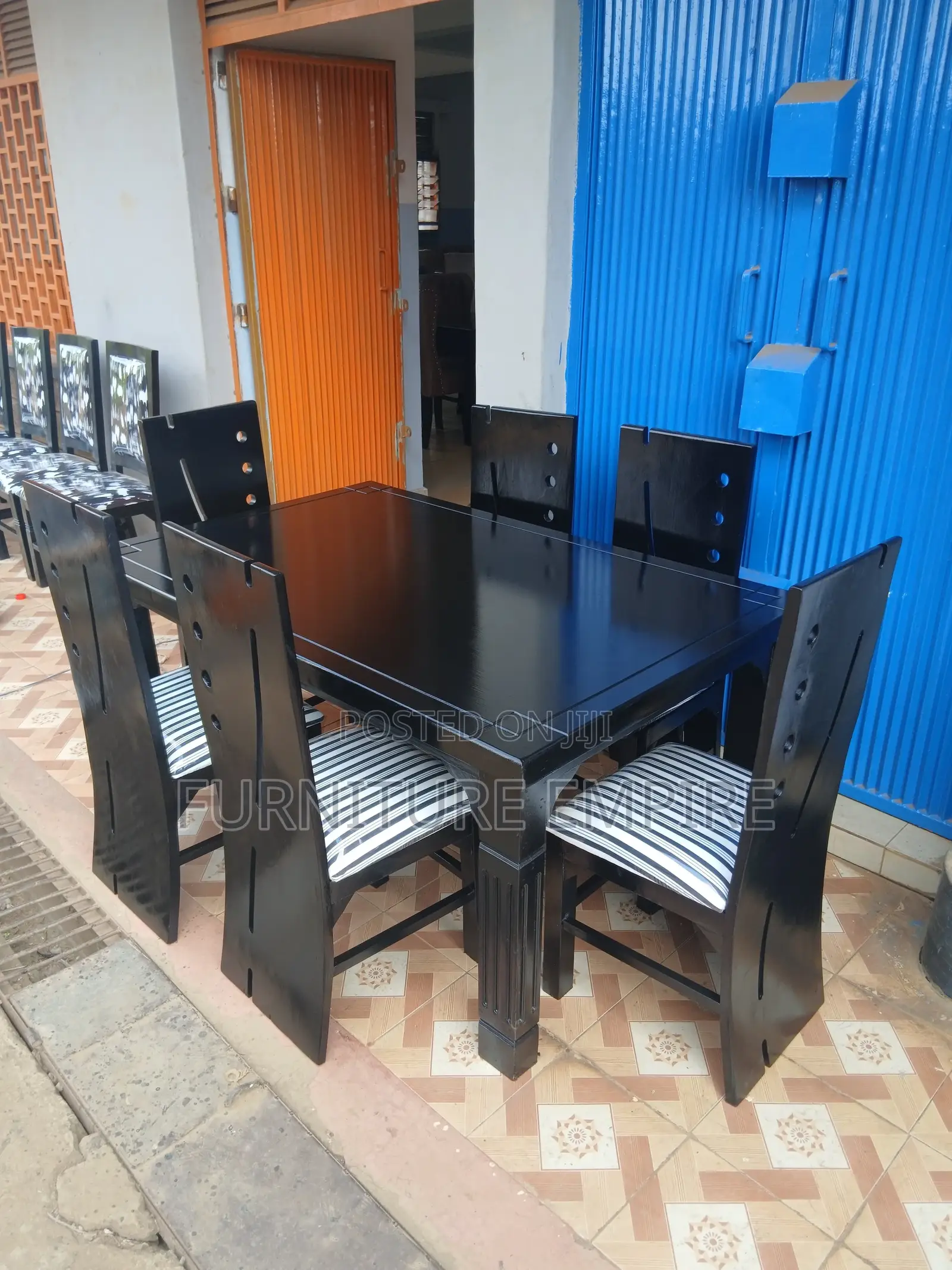 6 Seater Rectangular Dining Set Black Wood Striped Cushions