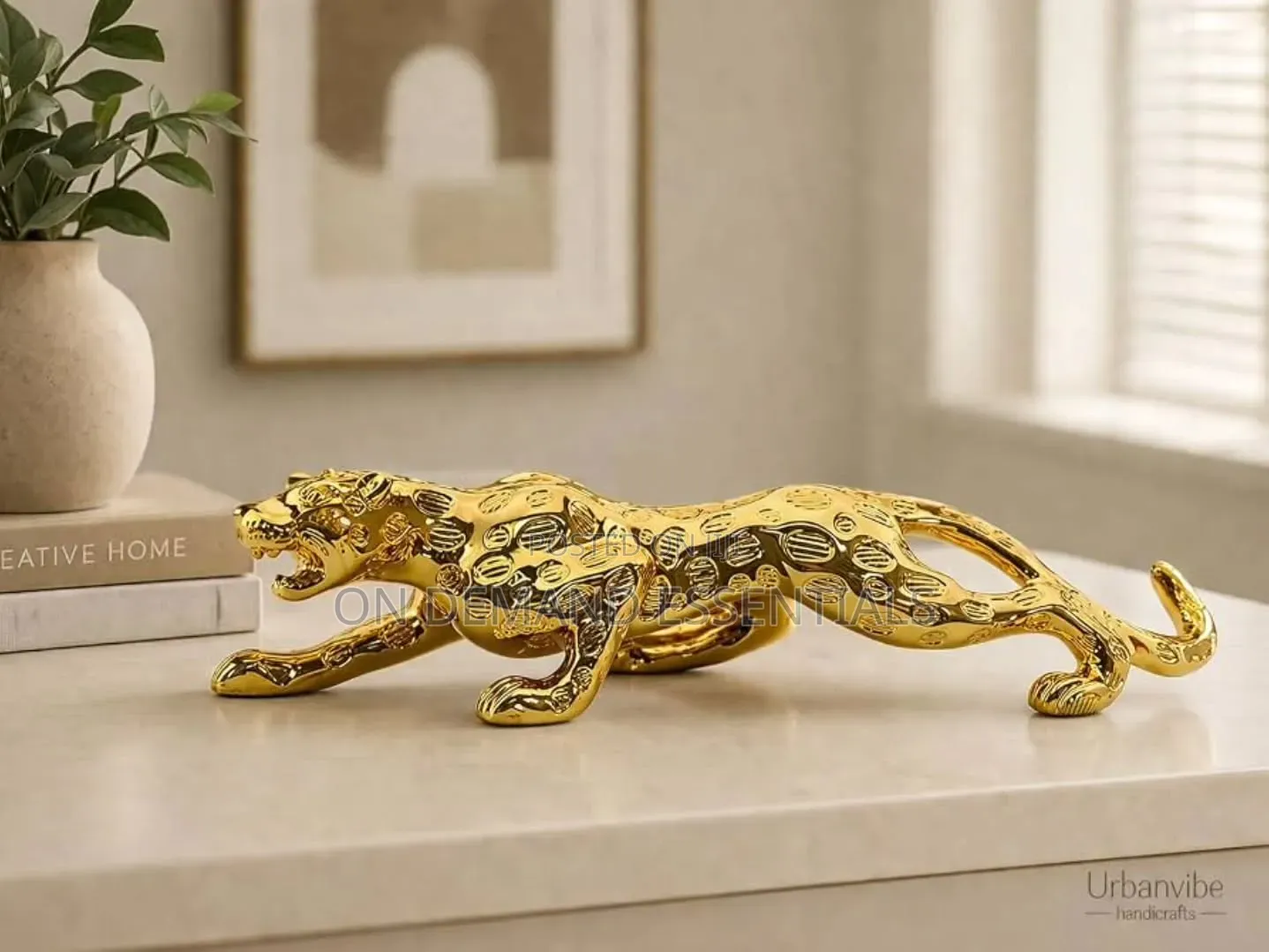 Sleek Golden Resin Jaguar Figurine