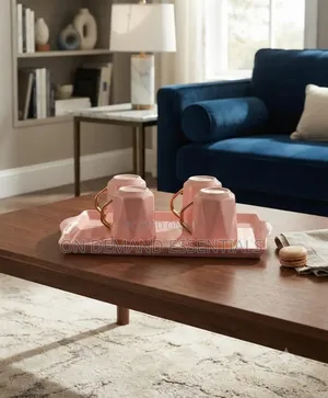 Luxury Blush Pink Ceramic Mug Set With Serving Tray (5-Piece)