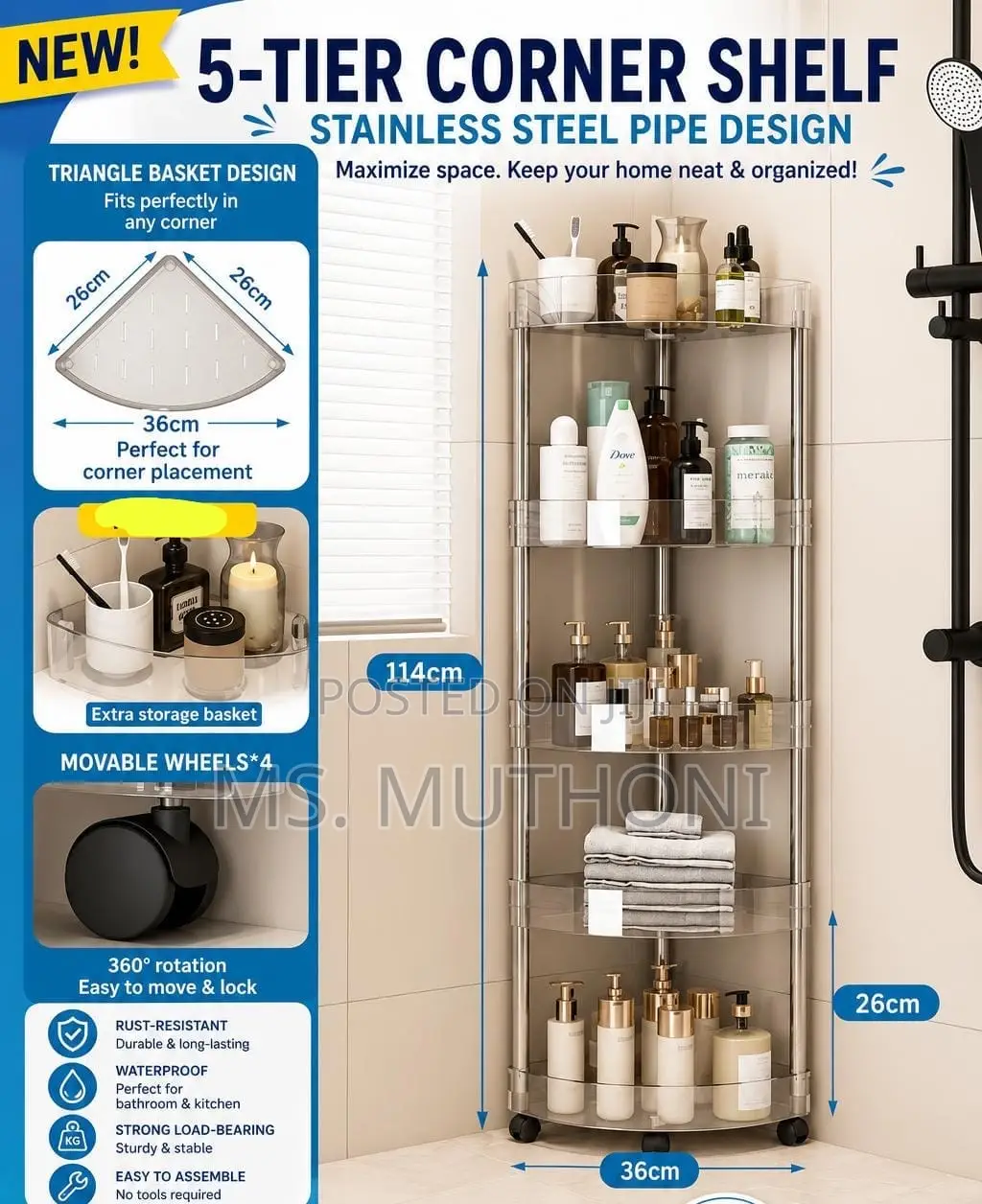 5-Tier Stainless Steel Acrylic Corner Shelf