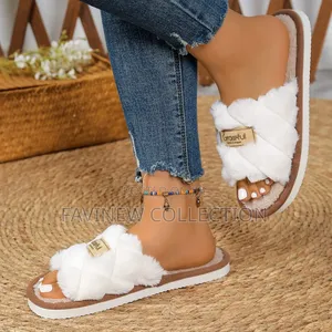 1Pair Casual Open Toe Fluffy Slippers Soft Sole Non-Slip Home Slippers