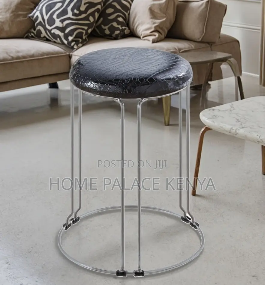 Foot Stool: Rexin Mini Round Chrome Based Stool