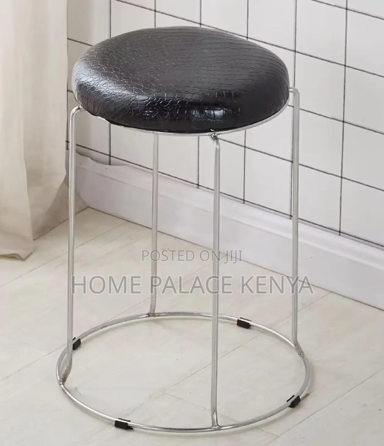 Foot Stool: Rexin Mini Round Chrome Based Stool