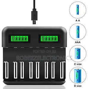 8 Bay Charger for Rechargeable Batteries With 2A Micro-USB and Type C