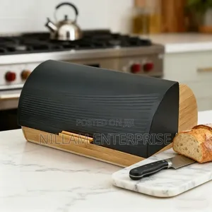 Bamboo Bread Box With Roll-Top Black Lid