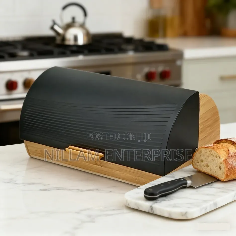 Bamboo Bread Box With Roll-Top Black Lid