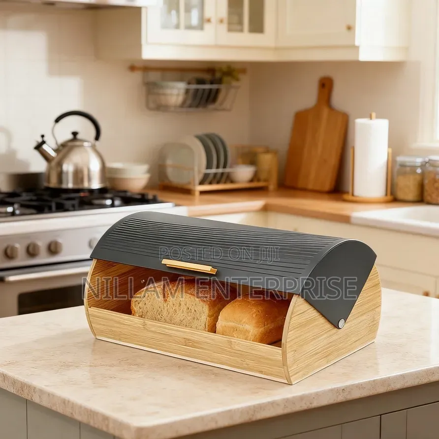 Bamboo Bread Box With Roll-Top Black Lid