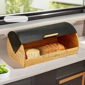 Bamboo Bread Box With Roll-Top Black Lid
