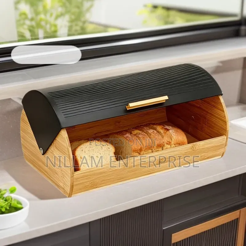 Bamboo Bread Box With Roll-Top Black Lid
