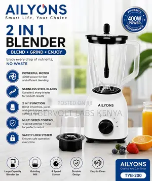 AILYONS 2-in-1 Blender With Grinder,1.5L Jar, 4 Speed Control Pulse
