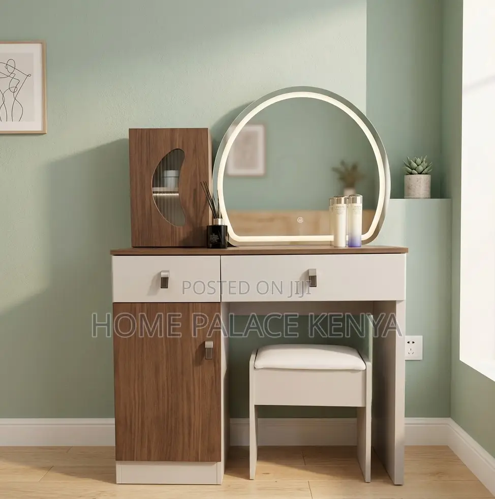 Vanity Table: Two Toned Wooden Vanity Lighted Mirror and Leather Knobs