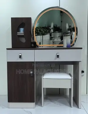 Vanity Table: Two Toned Wooden Vanity Lighted Mirror and Leather Knobs