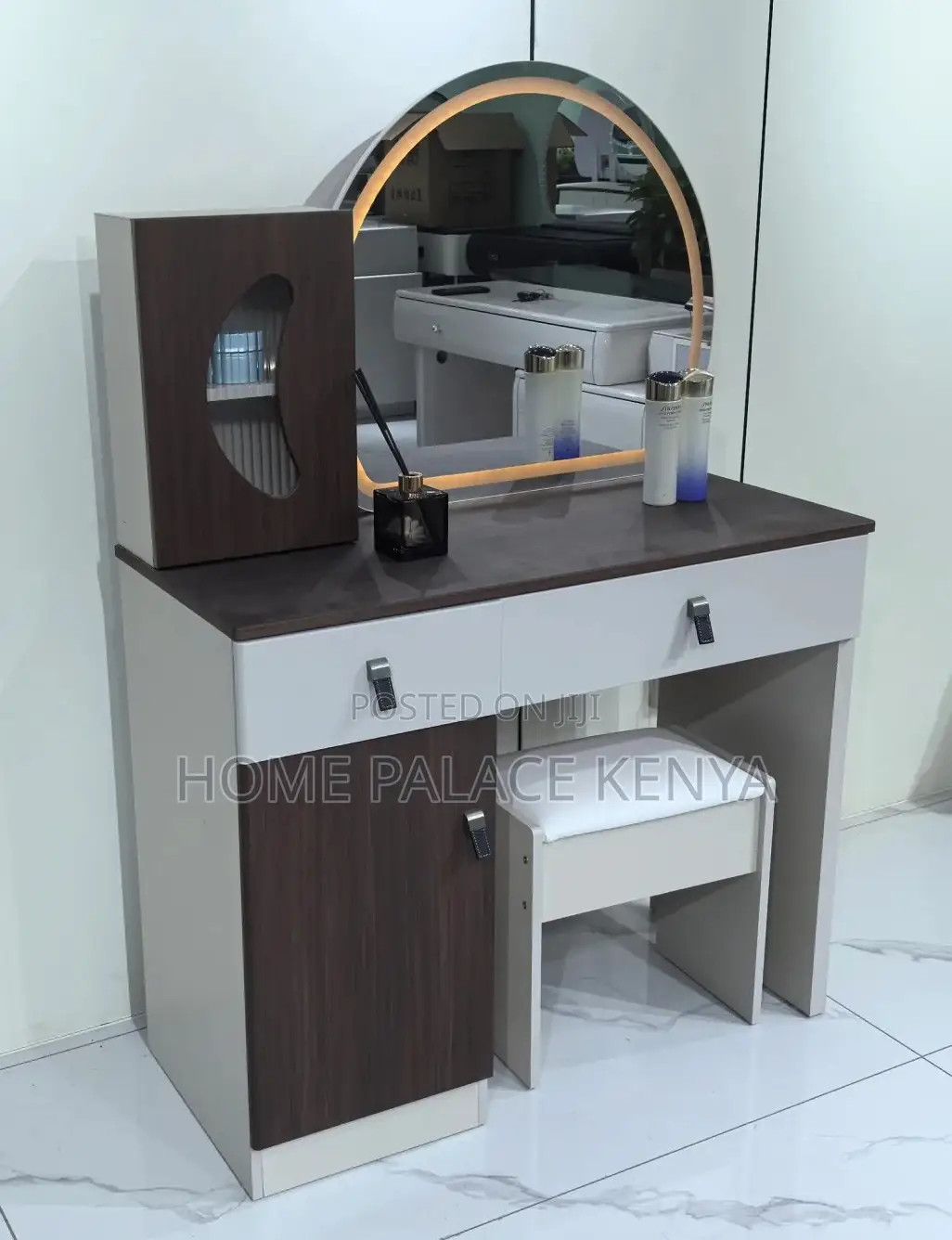 Vanity Table: Two Toned Wooden Vanity Lighted Mirror and Leather Knobs
