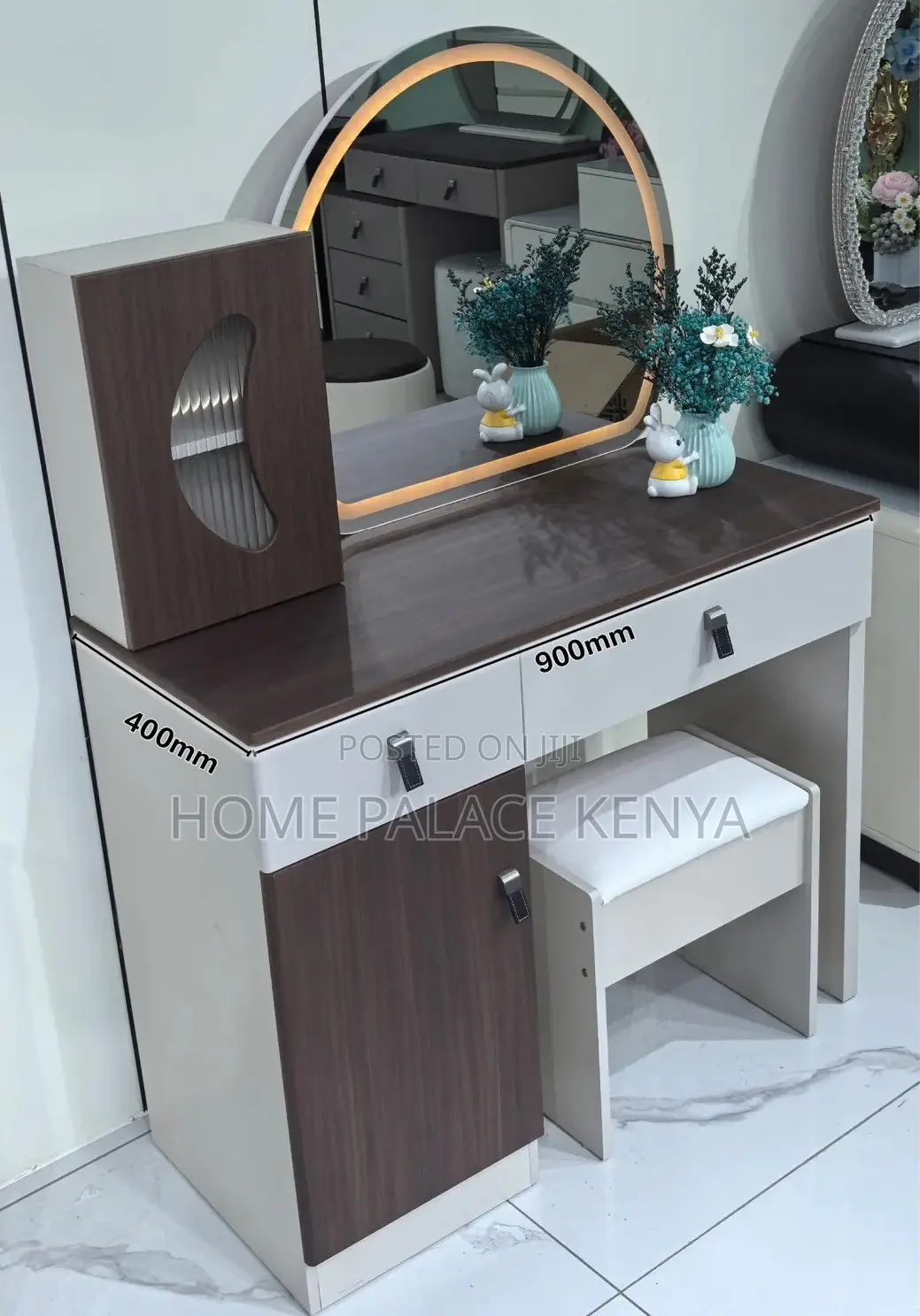 Vanity Table: Two Toned Wooden Vanity Lighted Mirror and Leather Knobs