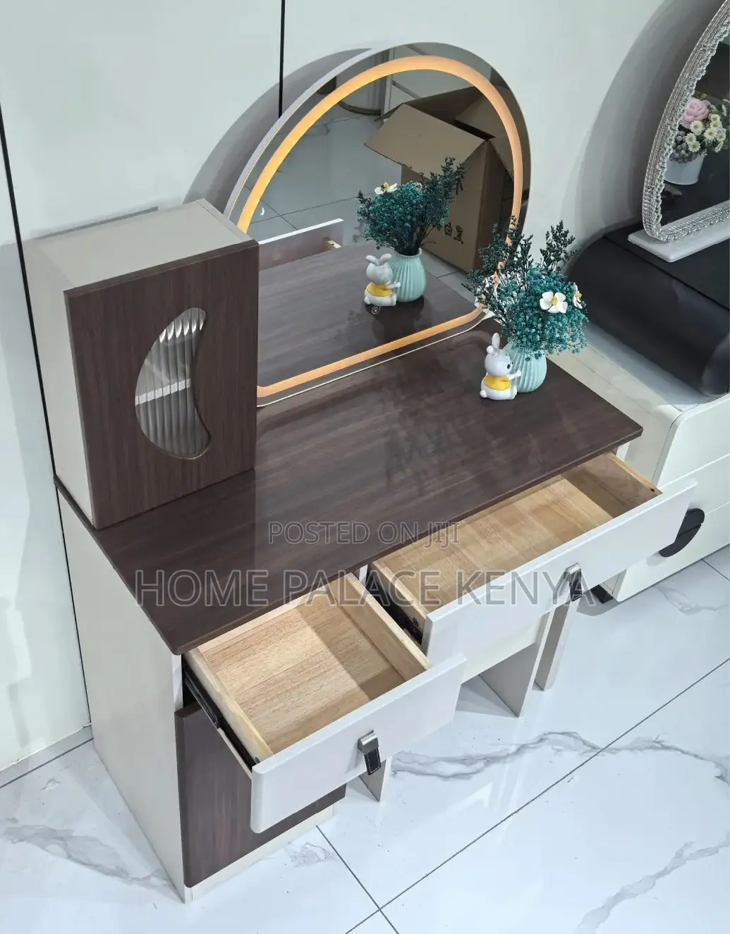 Vanity Table: Two Toned Wooden Vanity Lighted Mirror and Leather Knobs