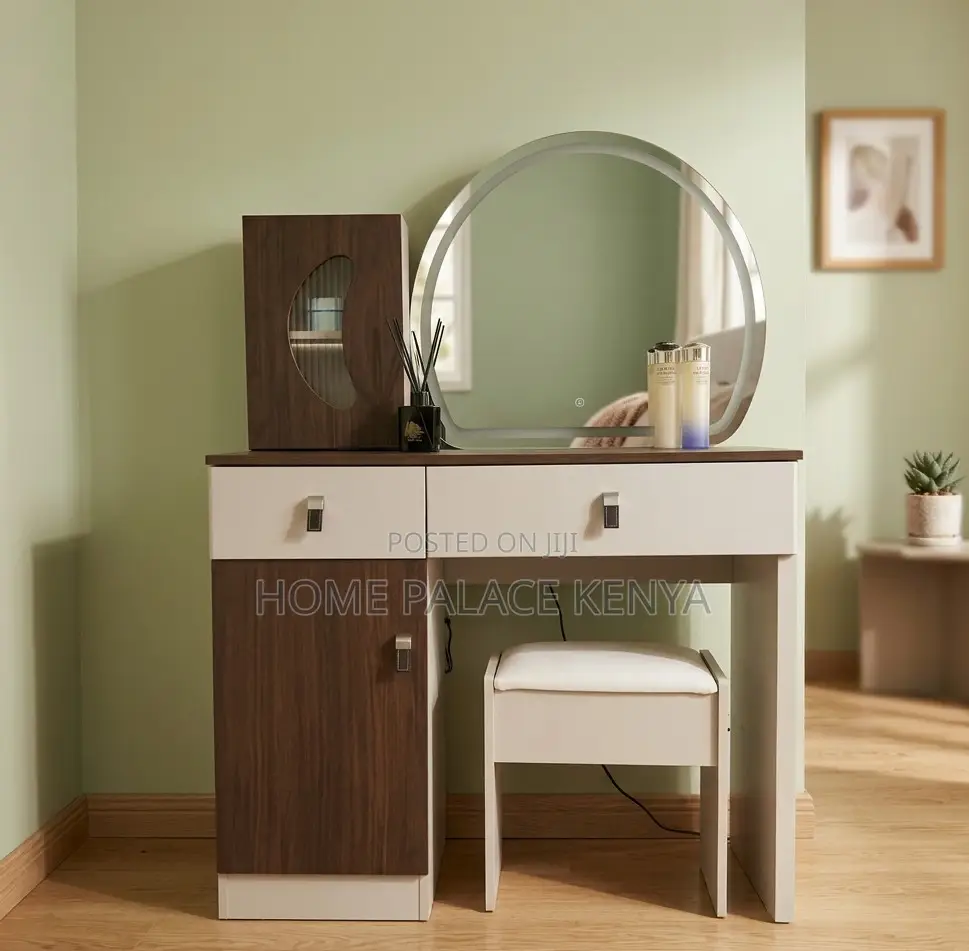 Vanity Table: Two Toned Wooden Vanity Lighted Mirror and Leather Knobs