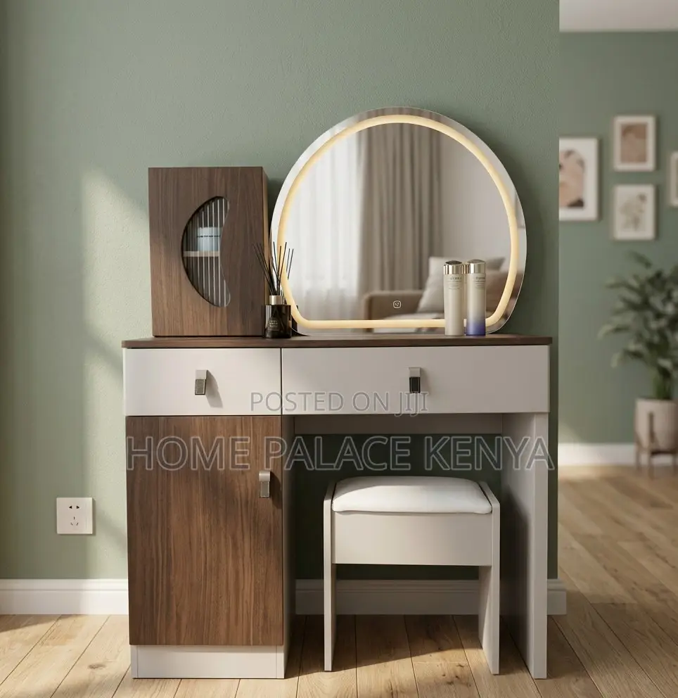 Vanity Table: Two Toned Wooden Vanity Lighted Mirror and Leather Knobs