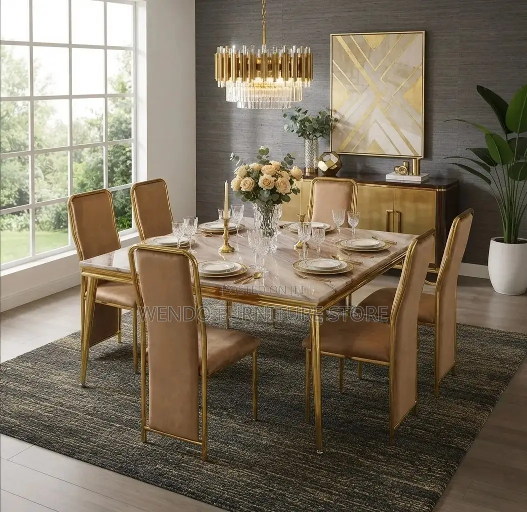Dining Set; Six Seters Rectangular Home Golden Dining Set