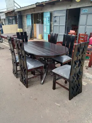 6-Seater Oval Dining Set — Dark Wood Gray Comfort