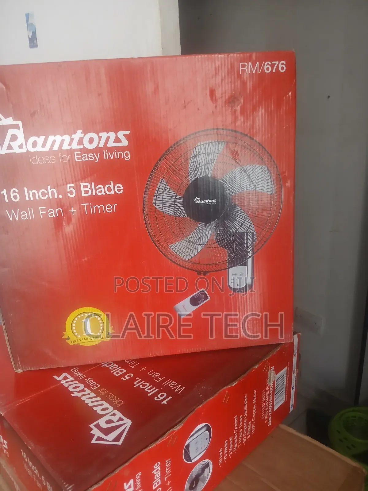 Ramtons RM676 16-Inch 5-Blade Wall Fan With Remote Control