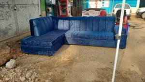 Blue L-Shaped Sofa Set (7-Seater + Cup Holders)
