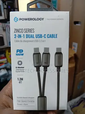 Powerology Zinco Series 2-in-1 Dual USB-C Cable in Dark Gray.