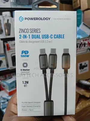 Powerology Zinco Series 2-in-1 Dual USB-C Cable 100W Charging Speed.
