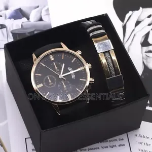 2pcs/Set Man Watch Bracelet Set Fashion Leather Band Alloy Case