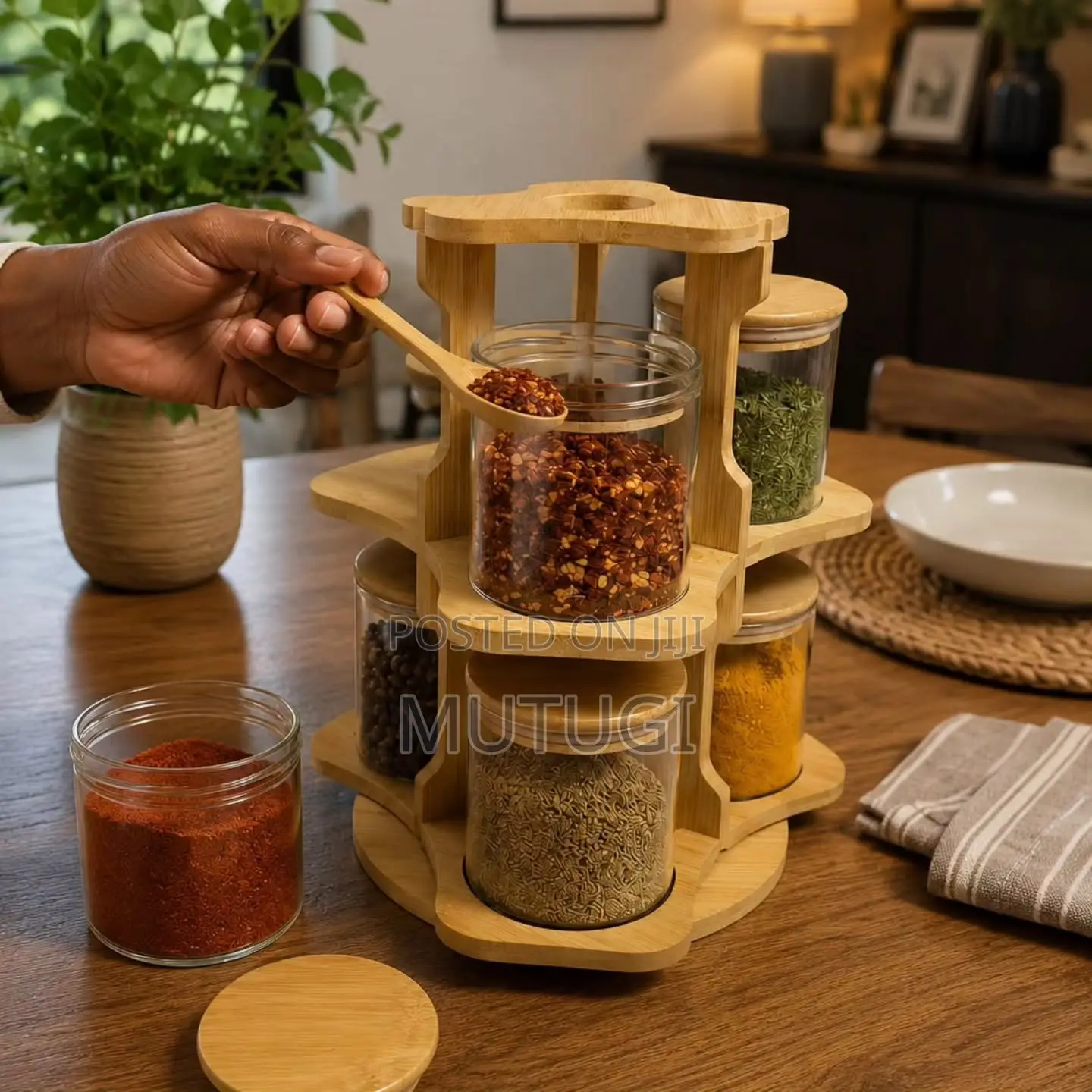 6Pcs Bamboo Spice Rack Set With a Rotating Stand