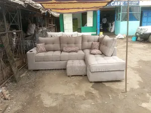 Beige L-Shaped Sofa + Ottoman (5-Seater)