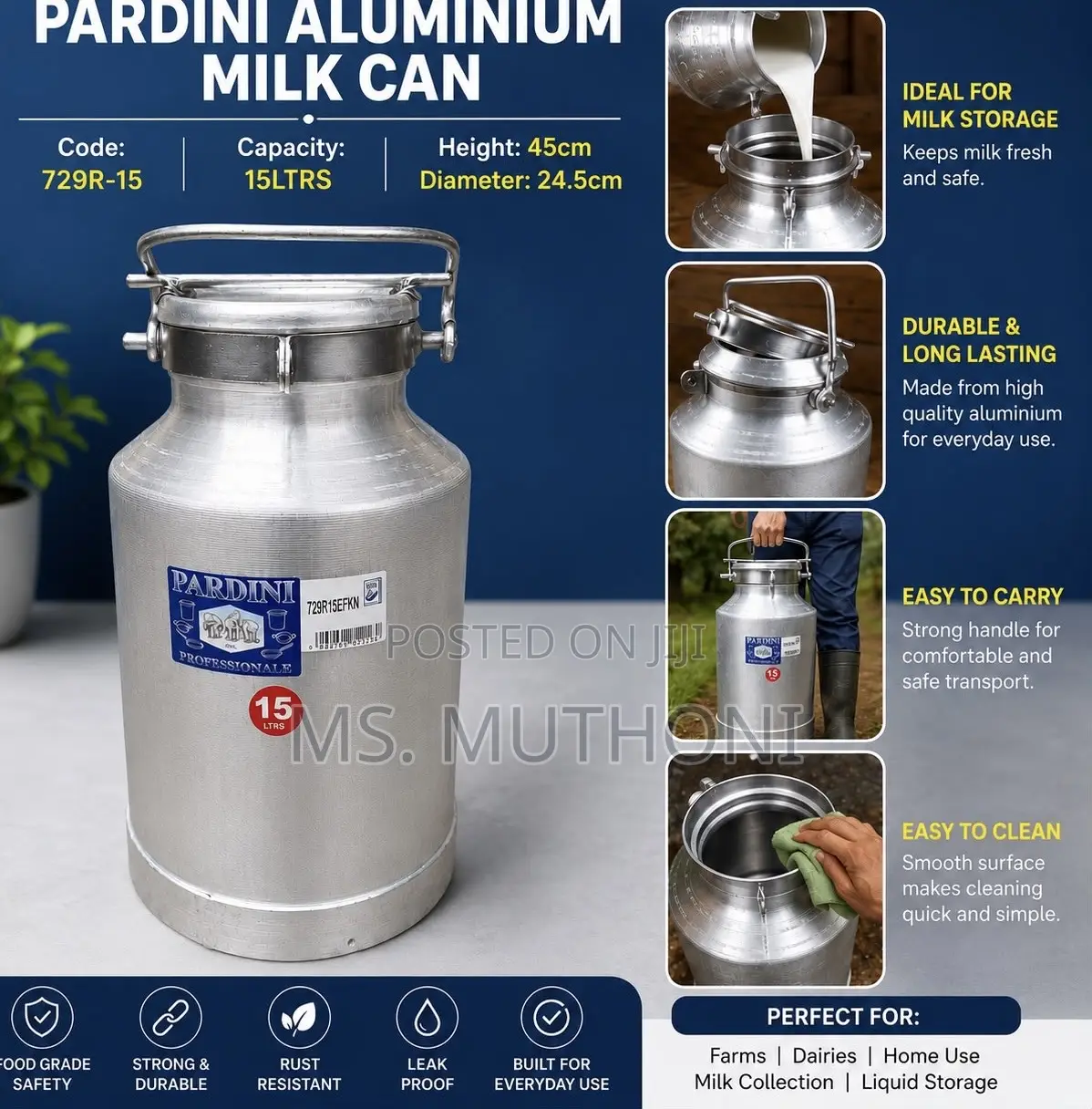 729r-15 – 15ltrs Pardini Aluminium Milk Can