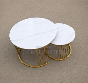 Modern Nesting Coffee Table Set White Marble Top With Gold Metal Base