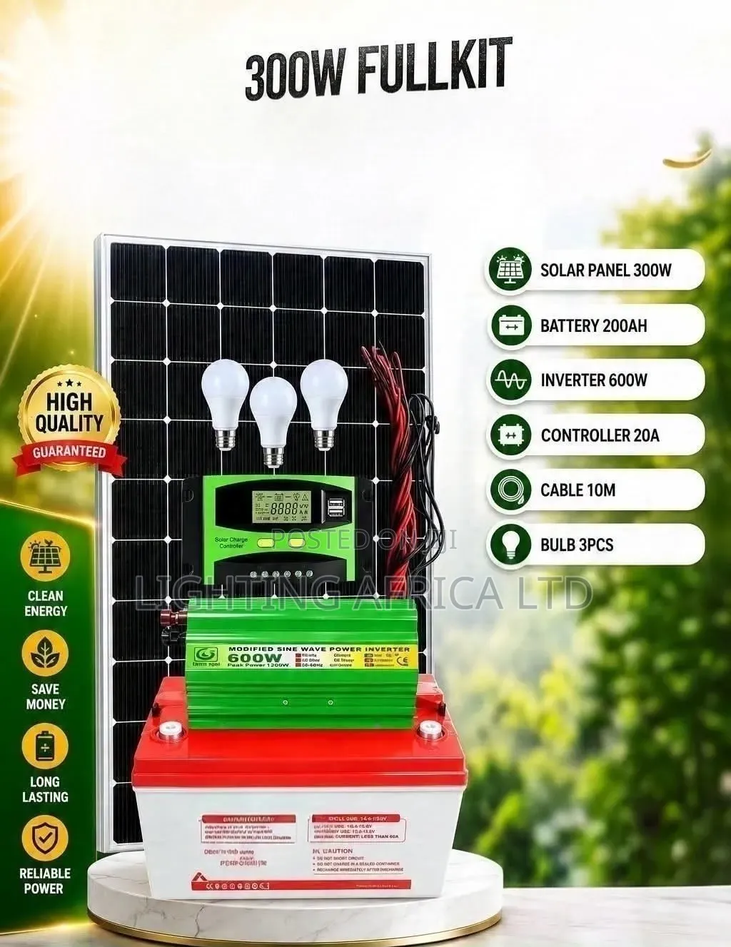 300 Watts Solar - 200Ah Gel Battery - 600w Inverter - 20A Controller