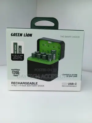 Green Lion Battery Charger and Stores 4 AA and 4 AAA Batteries.