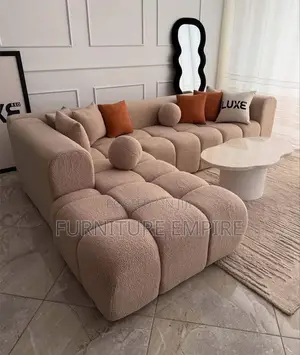 6 Seater L-Shaped Sofa in Crème Bubble Fabric