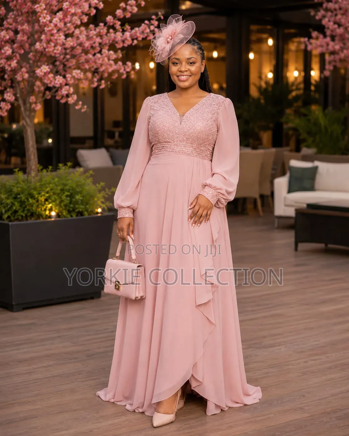 Chiffon/Mesh-Sleeve Evening Gown.