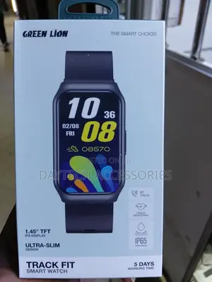 This Green Lion Track Fit Smart Watch a Sleek Black Design.