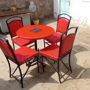 Red Set of Knob Chairs and Round Table