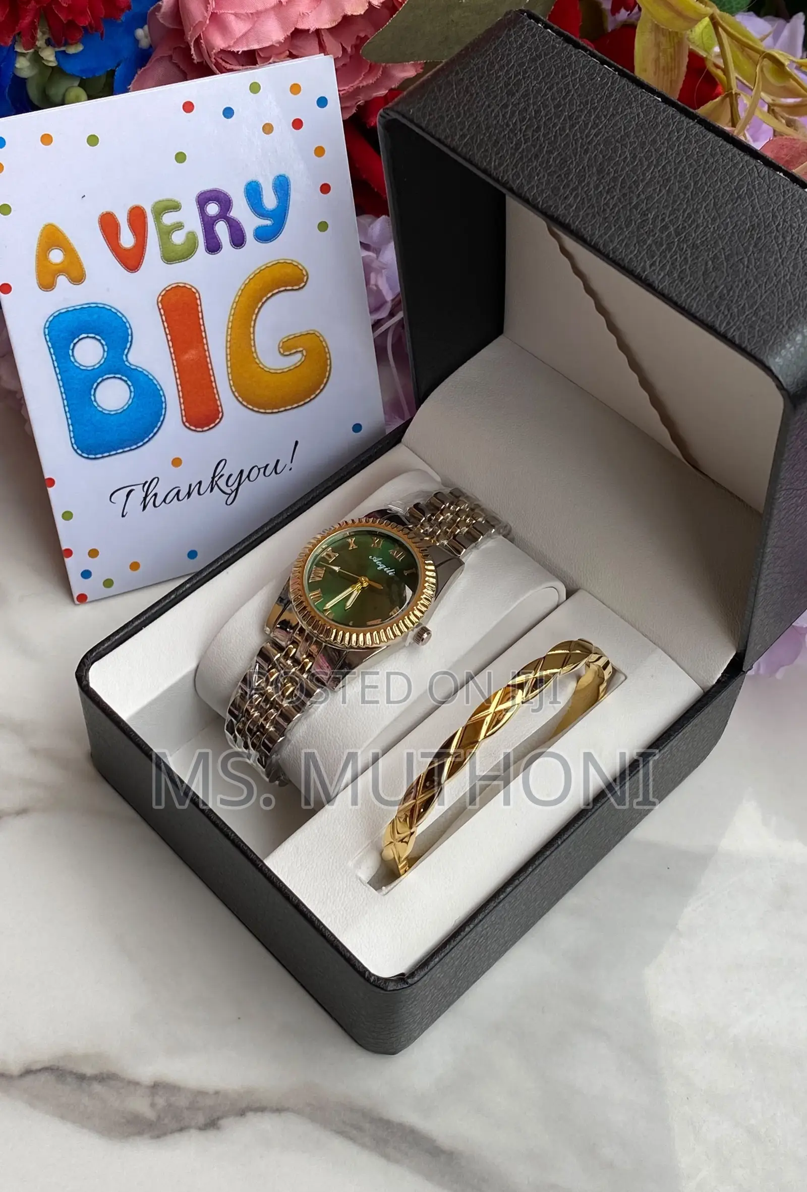 Gold-Toned Watch Matching Designer-Style Bangle Card Gift Set