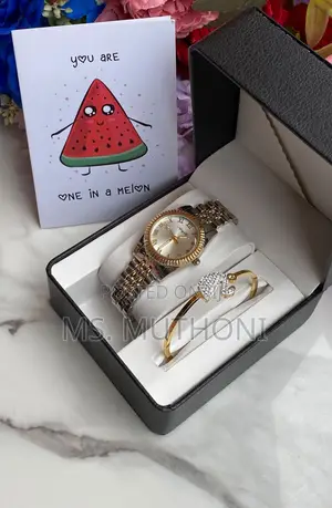 Gold-Toned Watch Matching Designer-Style Bangle Card Gift Set