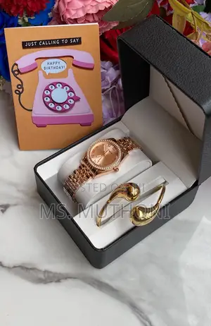 Gold-Toned Watch Matching Designer-Style Bangle Card Gift Set