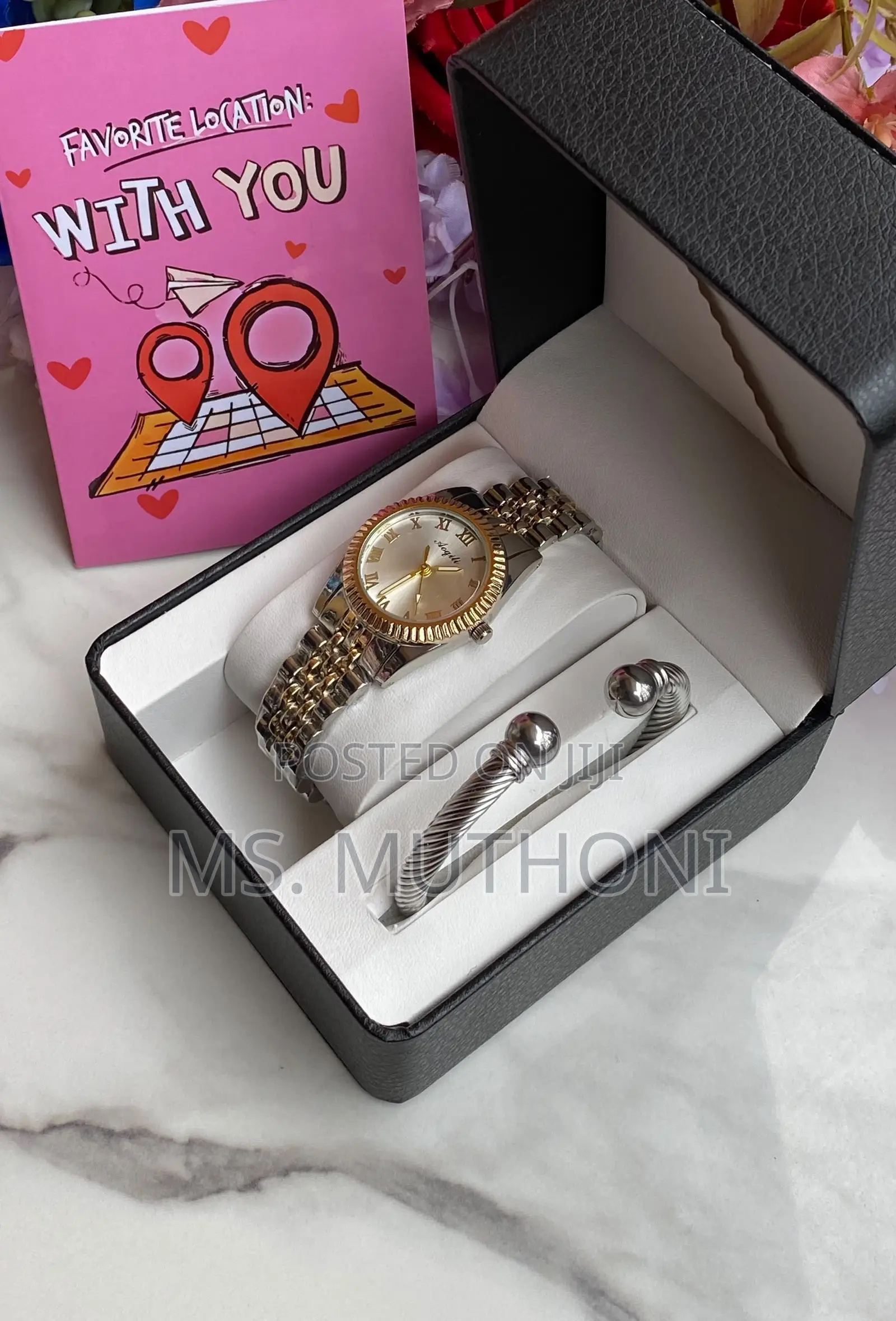 Gold-Toned Watch Matching Designer-Style Bangle Card Gift Set