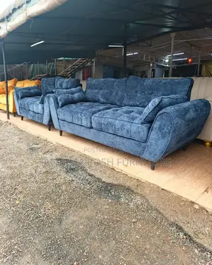 5 Seater Denim Blue Butterfly Fabric Sofa Set: Free Delivery