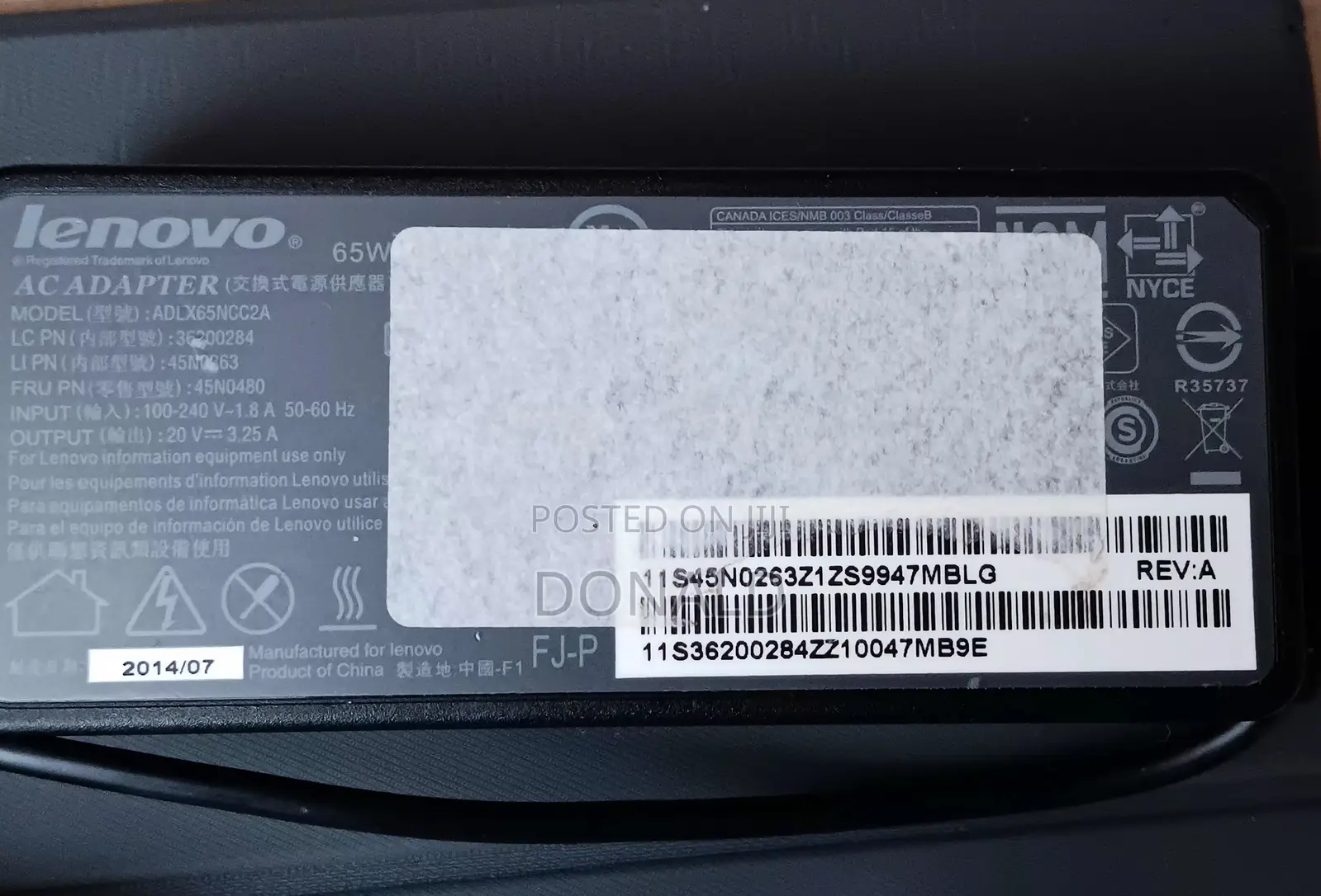 Original Lenovo 65W Laptop Charger – 20V 3.25A USB/Rectangular Tip