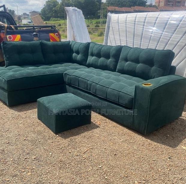 5 Seater Forest Green L-Shaped Sofa + Ottoman: Pay on Delivery
