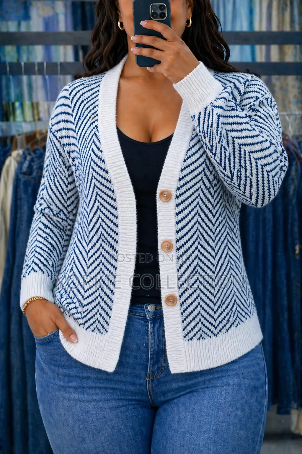 A Chunky Knit Cardigan Sweater With a Zigzag Pattern