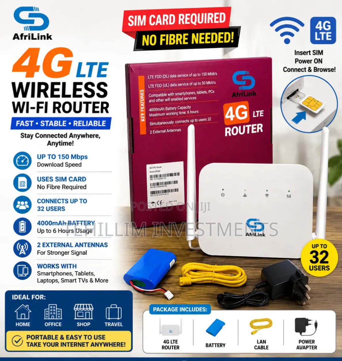 AfriLink DP300 4G LTE WiFi 6 Router – Up to 32 Users