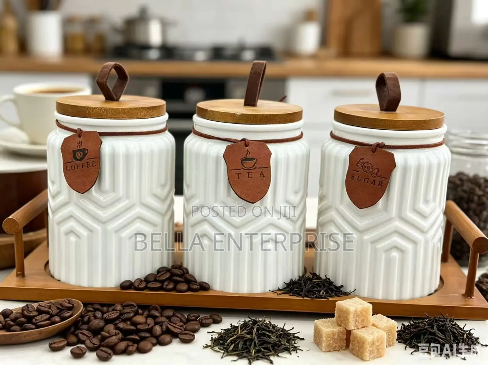 3pc Aesthetic Ceramic Canister Set With Wooden Tray
